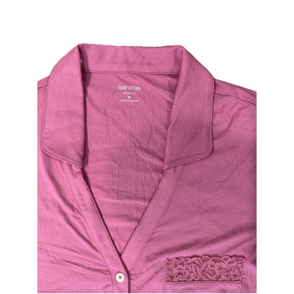 State of Day Macy’s Pink Lace Trim Collared Pajama Set 2PC Button Top Pants M - Picture 5 of 7